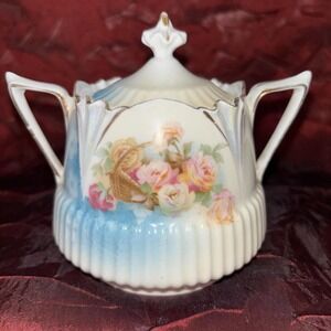 Antique RS Prussia Porcelain Small Sugar Bowl Ribbed Base Hand Painted Delicate